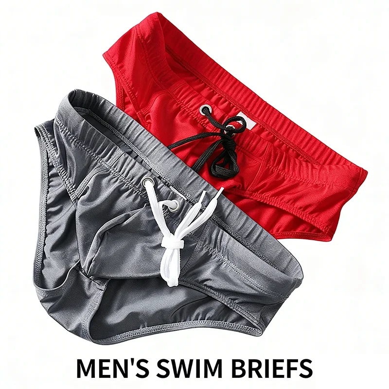 Men's Solid Color Low Waist Swimming Briefs with Tie Rope Quick Dry Double Layer Beach Shorts Anti-Embarrassment Swimwear