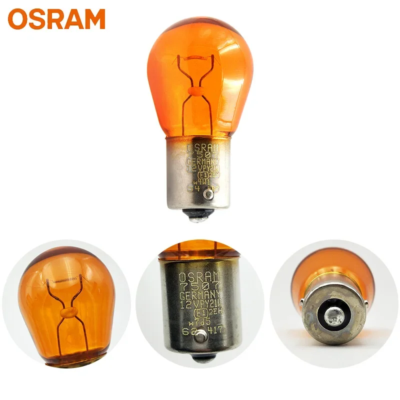 OSRAM Original PY21W Bau15s Car Metal Bases Amber Turn Signal Halogen Light OEM Brake Bulbs Reverse Lamps 12V 21W S25 7507, Pair view 3