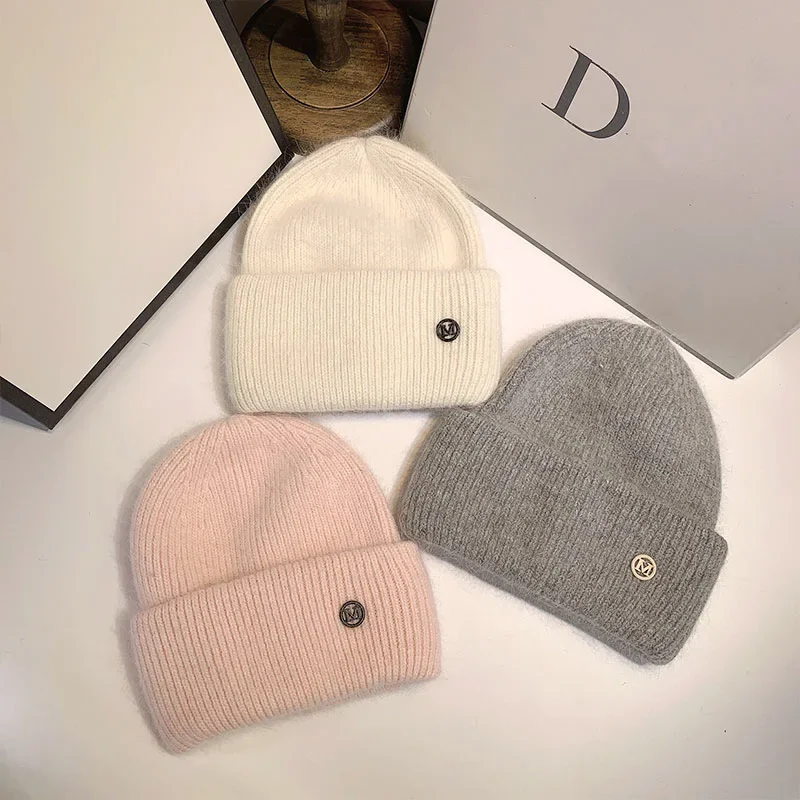 Winter Real Rabbit Fur Knitted Beanies For Women Fashion Solid Warm Cashmere Wool Skullies Beanies Female Three Fold Thick Hats