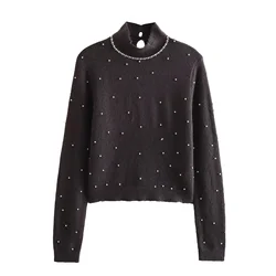 Women's Autumn And Winter New Item Artificial Pearl Decoration Stand Up Collar Pullover Sweater Base Knit Sweater For Women