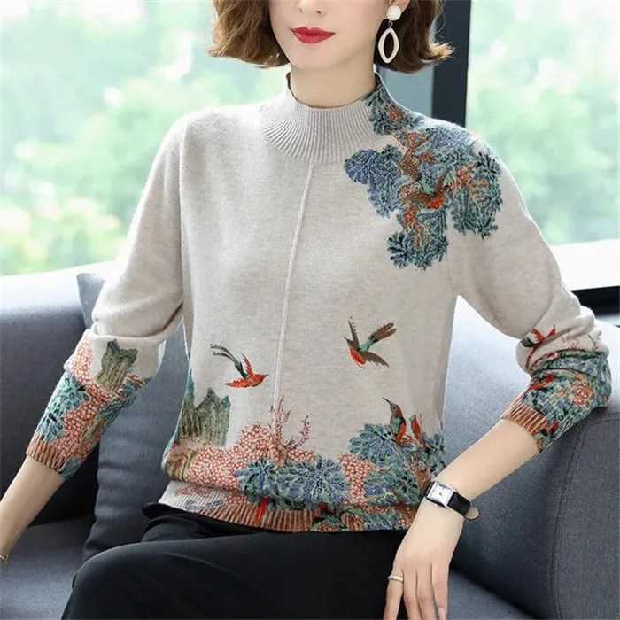 New Autumn Winter Middle-aged Women Tops Casual Half Turtleneck Cashmere Sweater Female Thick Knitted Jumper Mother Pullover