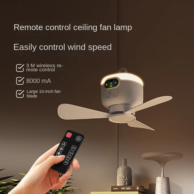 USB Rechargeable Large Wind Ceiling Fan Removable Blades Night Lamp Lighting 8000Mah Capacity Household Outdoor Fan