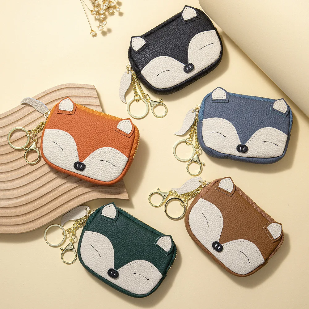 Lady Coin Purse Layer Cowhide Cartoon Cute Embroidered Fox Coin Purse Genuine Leather Lipstick Coin Storage Small Bag