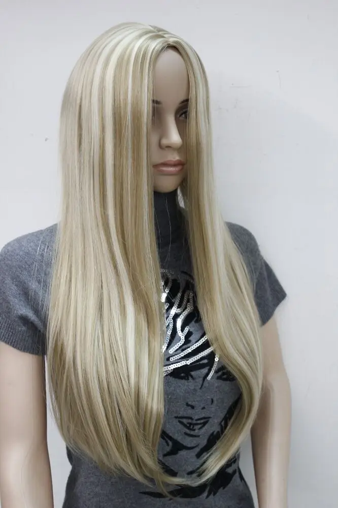 New no bangs honey ash blonde mix long straight synthetic hair women's full wig