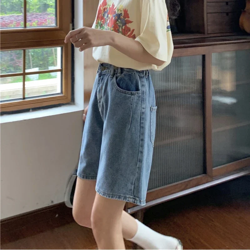 High Waist Casual Shorts Women Summer Denim New Soft Streetwear Baggy Trousers Retro Minimalist Daily Pockets Feminine Ulzzang