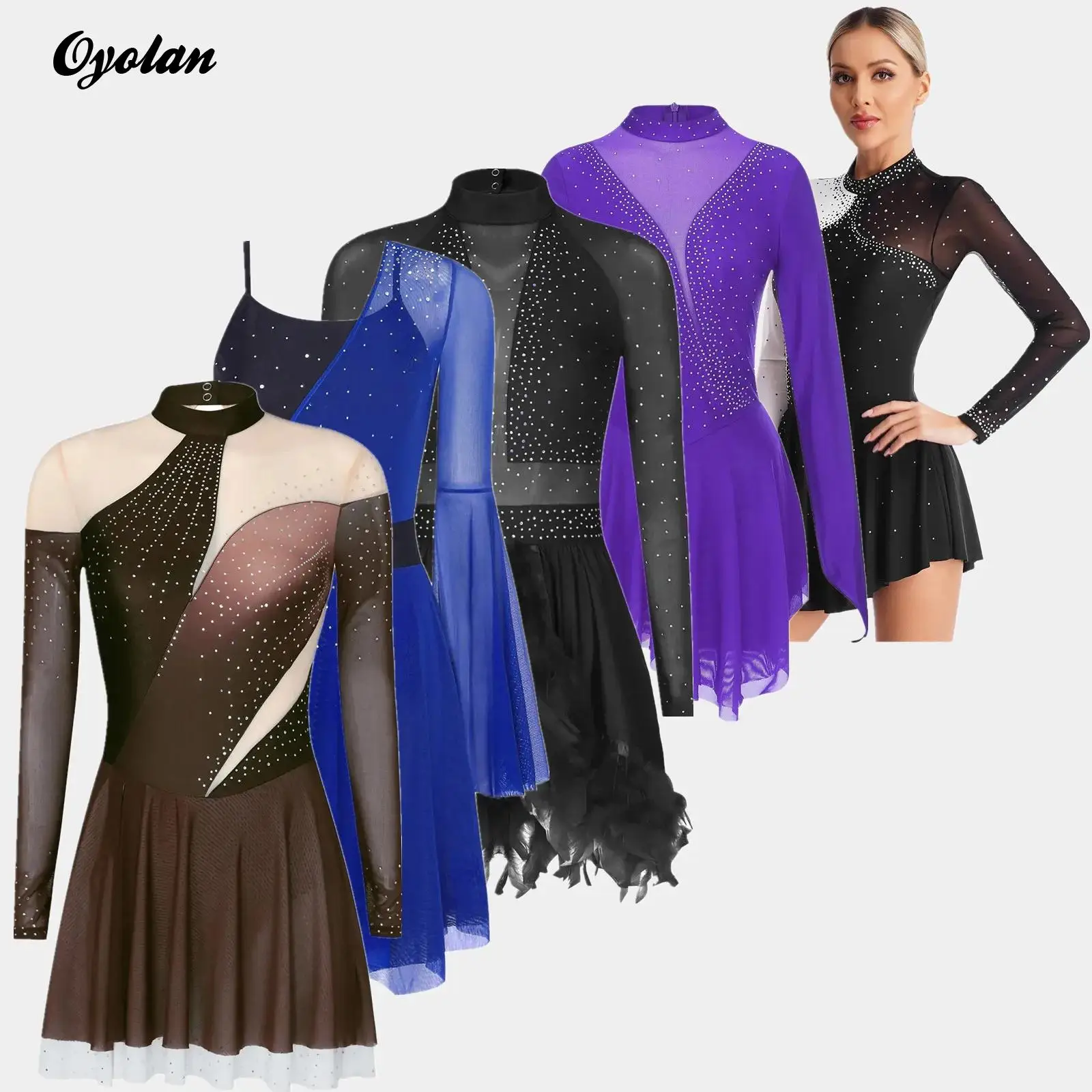 

Adults Women Gymnastics Artistic Figure Skating Ballet Lyrical Dance Costumes Shiny Rhinestones Sheer Mesh Ruffled Leotard Dress