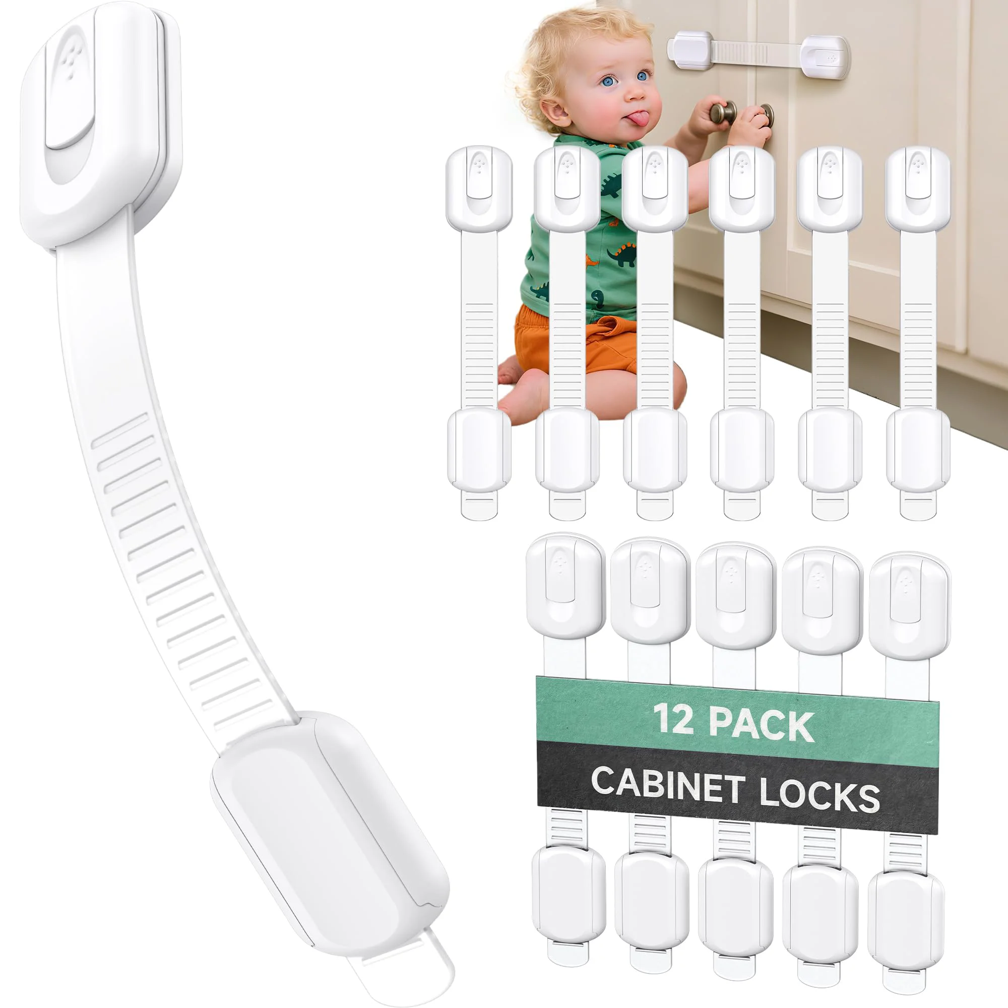 12Pcs Anti-Opening Lock Safety Lock for Cabinets Drawers Toilet Fridge Adjustable Length Adhesive Pads No Installation Required