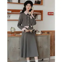 Grey Suit Patchwork Fake Two-piece Jacket Grey Pleated Skirt Set Sweet Temperament Set