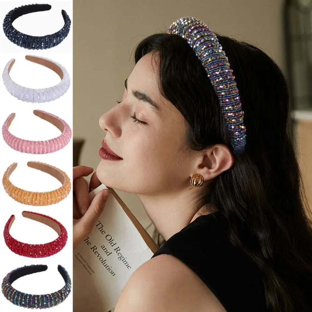 

Fashion Elegant Baroque Crystal Headband Baroque Blingbling Rhinestone Hair Hoop Wide Edge Beads Sponge Hairband Wedding