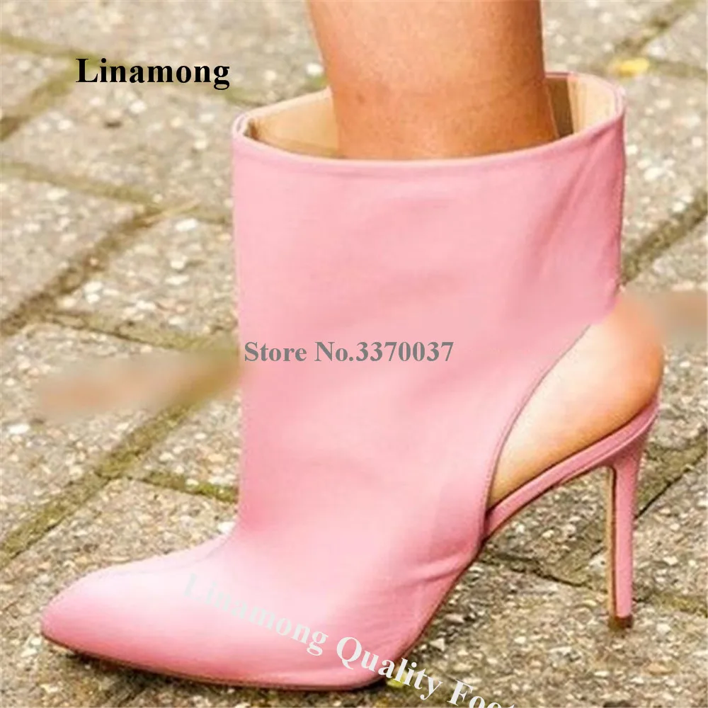 

Linamong Pink Yellow Suede Thin Heel Short Boots Fashion Pointed Toe Back Cut-out Slip-on Stiletto Heel Ankle Booties Big Size