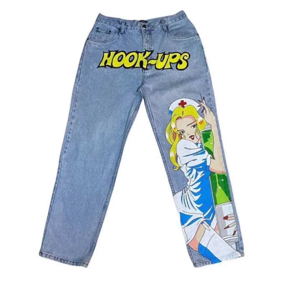 Japońskie Anime 002 nadruk kreskówkowy Harajuku luźne sto jeansy Retro wiosenne i letnie spodnie casualowe spodnie Hip-hopowe Y2k