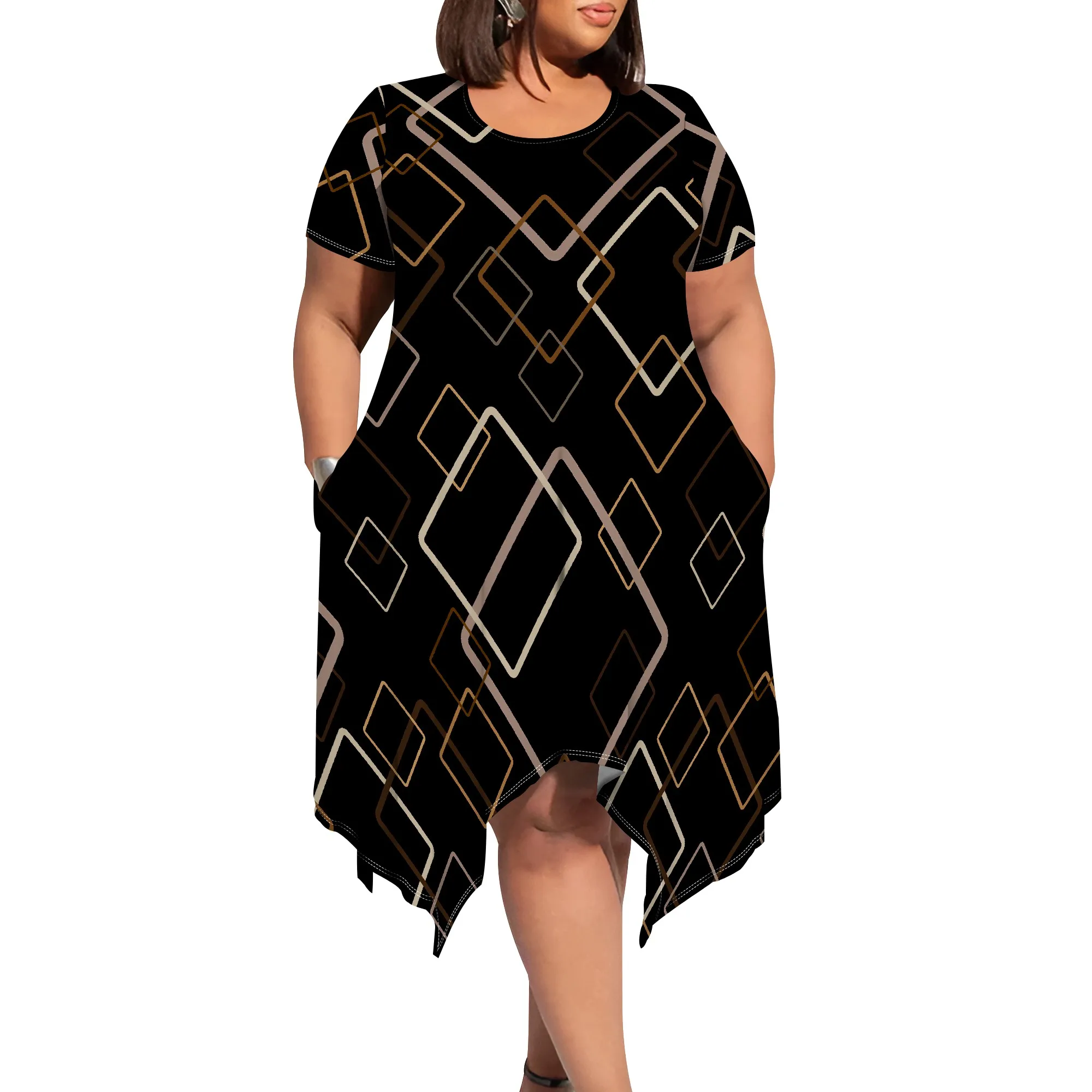 Geometric Print Round Neck Midi Dress - Short Sleeve Asymmetric Hem Casual Chic