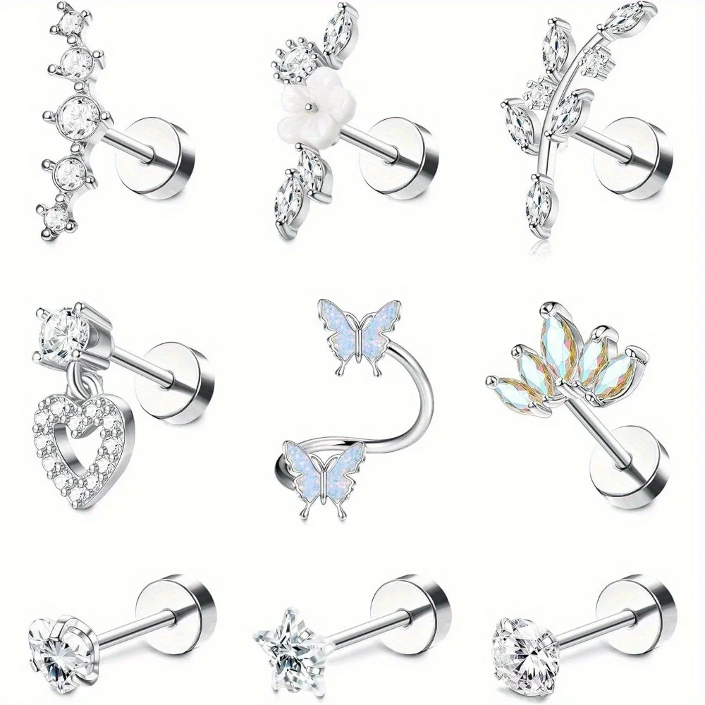 Drperfect 9pcs Surgical Steel Earrings for Women Conch Tragus Earrings Piercing Stud Cartilage Earrings Set Piercing Jewelry