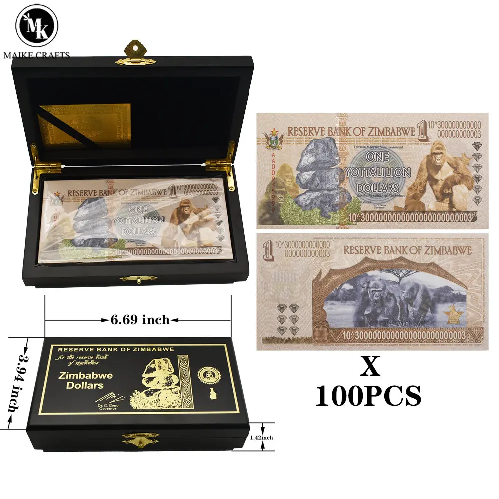 

100pcs/box Zimbabwe One Yottalilion Dollars Serial Number Paper Money Wooden Box Set with UV Anti-counterfeiting Logo Collection