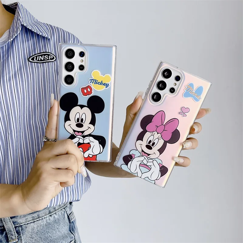 Disney Mickey Stitch Anime phone Case Samsung Galaxy S22 23Plus Ultra Cartoon TPU Protective Shell Anti-fall Laser Back Cover