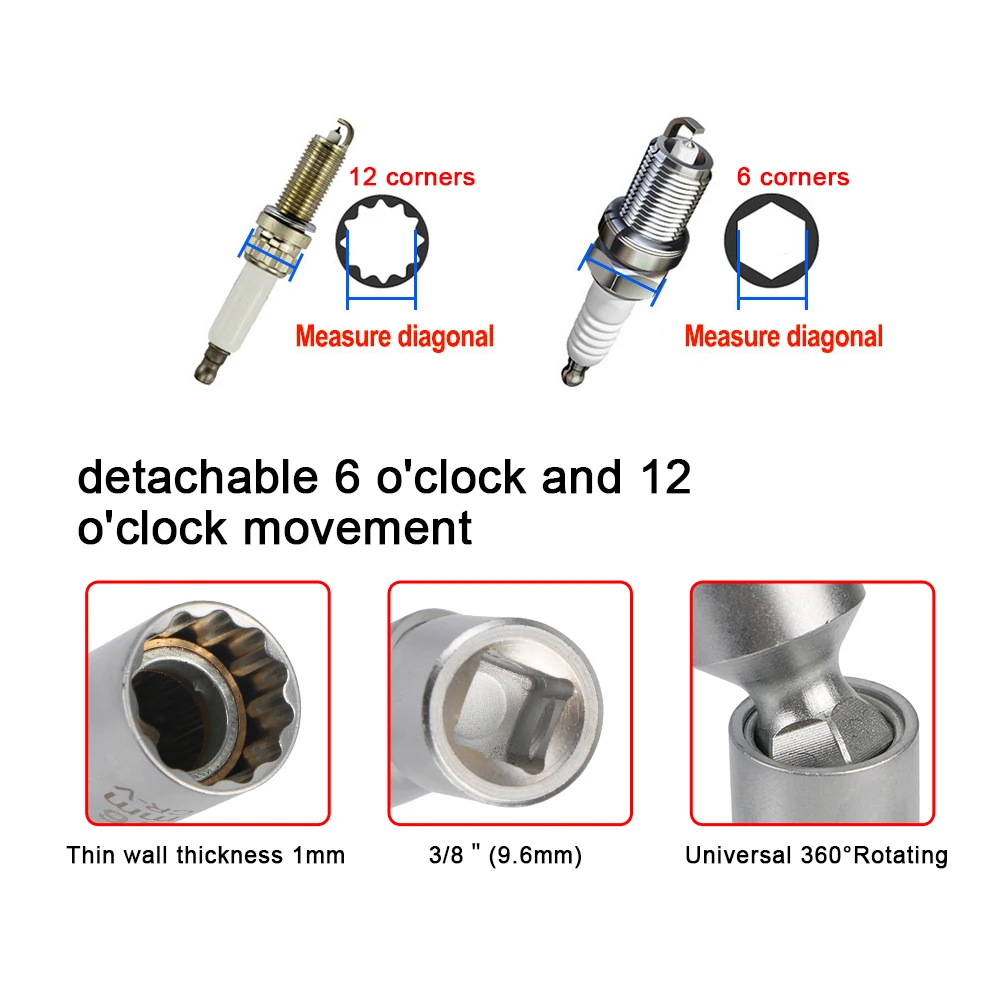 14mm 16mm With Magnetic Thin Wall Universal Joint Spark Plug Socket 12 Angle Flexible Socket Wrench Car Repair Tool