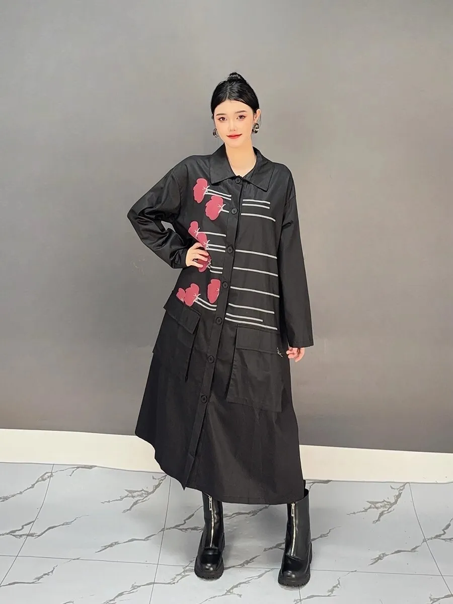 Vefadisa Black 2025 Spring Autumn New Personalized Printed Women Dresses Lapel Long Sleeve Loose Casual Fashion Dress ZXY1235A