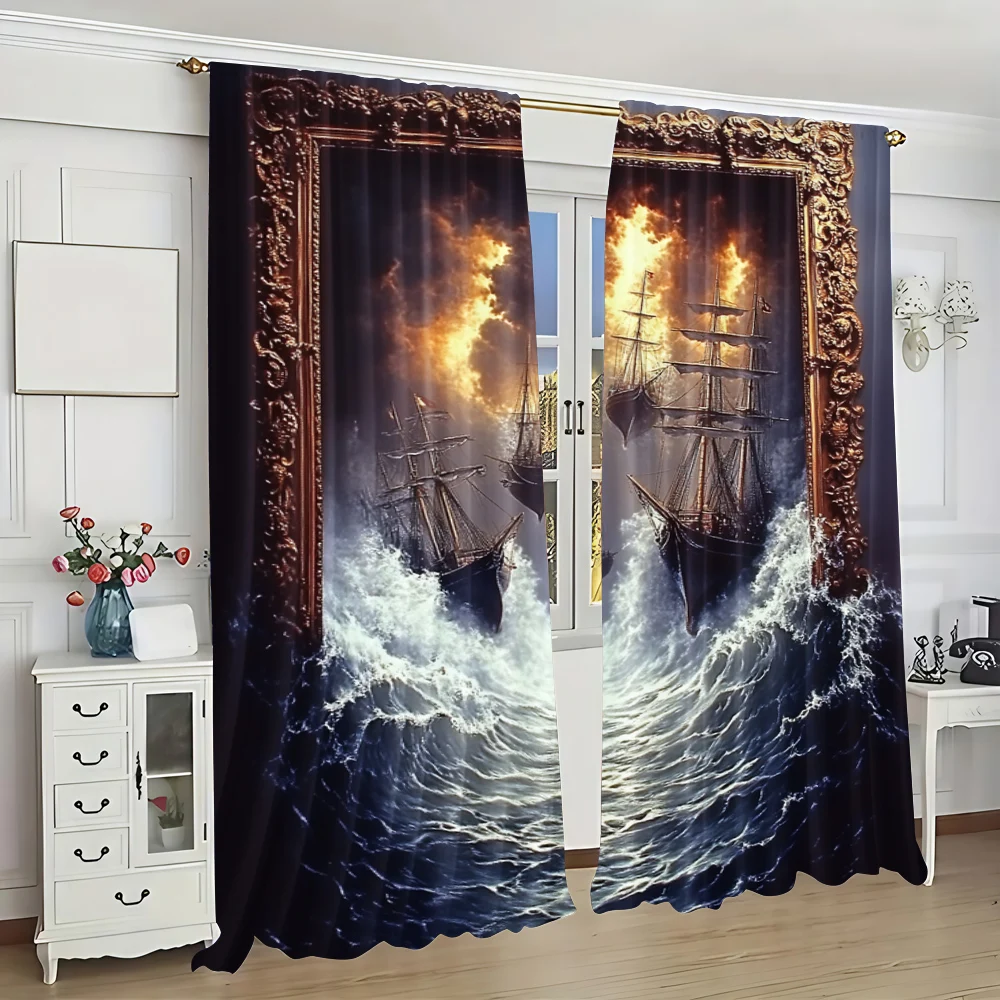 2pc,  Window Drapes sailboat printing Versatile Durable Polyester,Without Electricity Family Party Decoration Perfect for