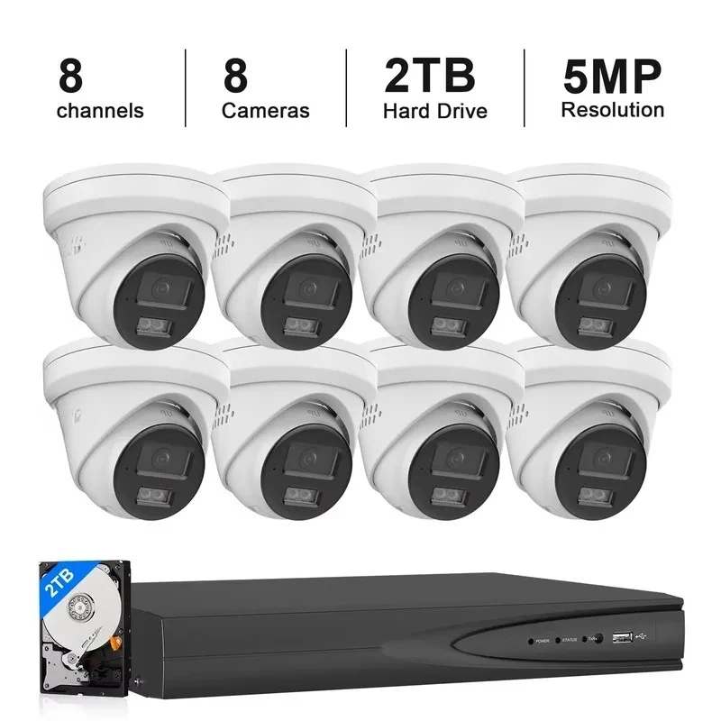 5MP POE IP67 Turret Camera System US Stock 8PCS with 8CH NVR 2TB HDD Human Vehicle Detection Smart Dual Light 2 Way Audio