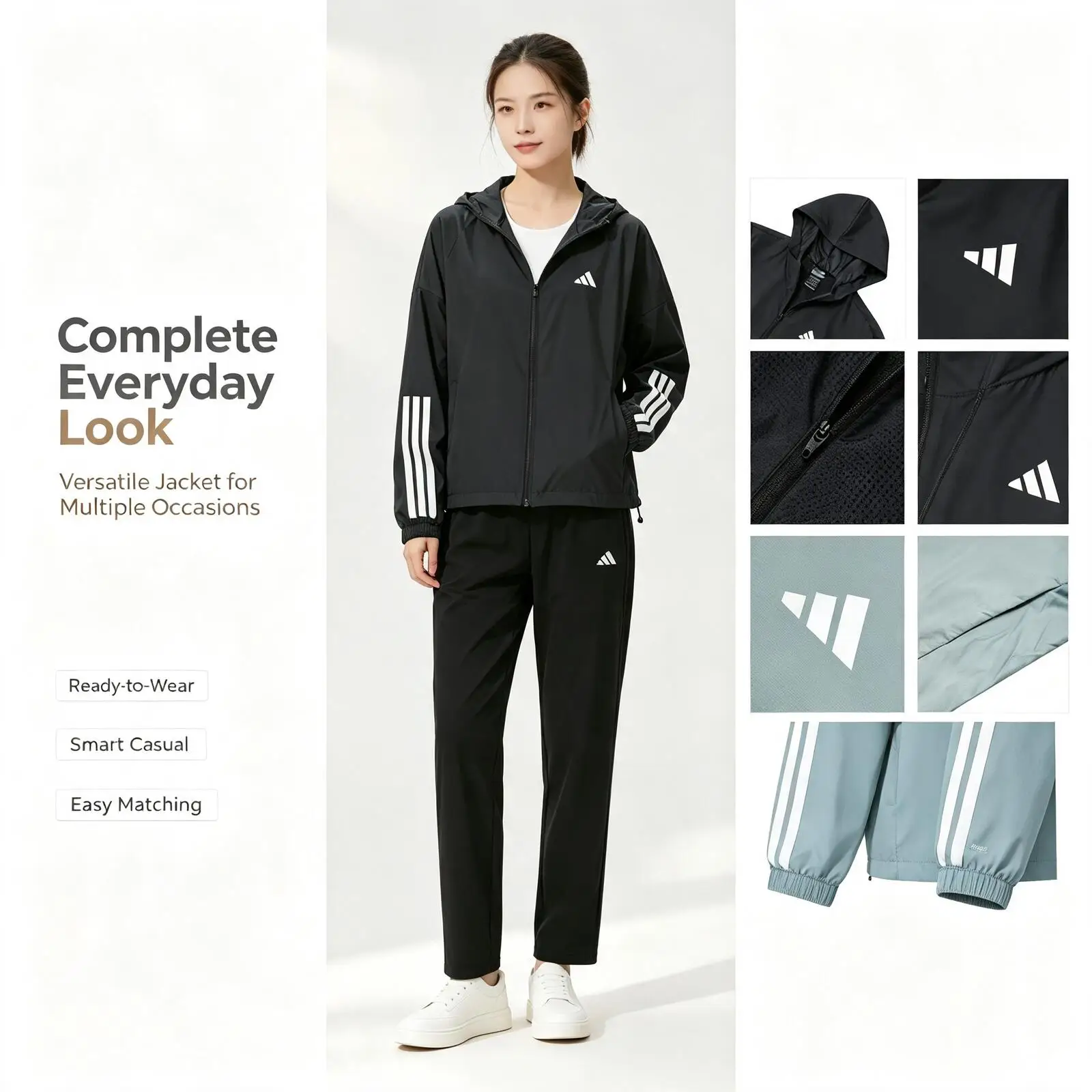 Adidas Women’s Casual Zip-Up Jacket, Solid Color Stand Collar Outerwear with Pockets, Lightweight Daily Jacket