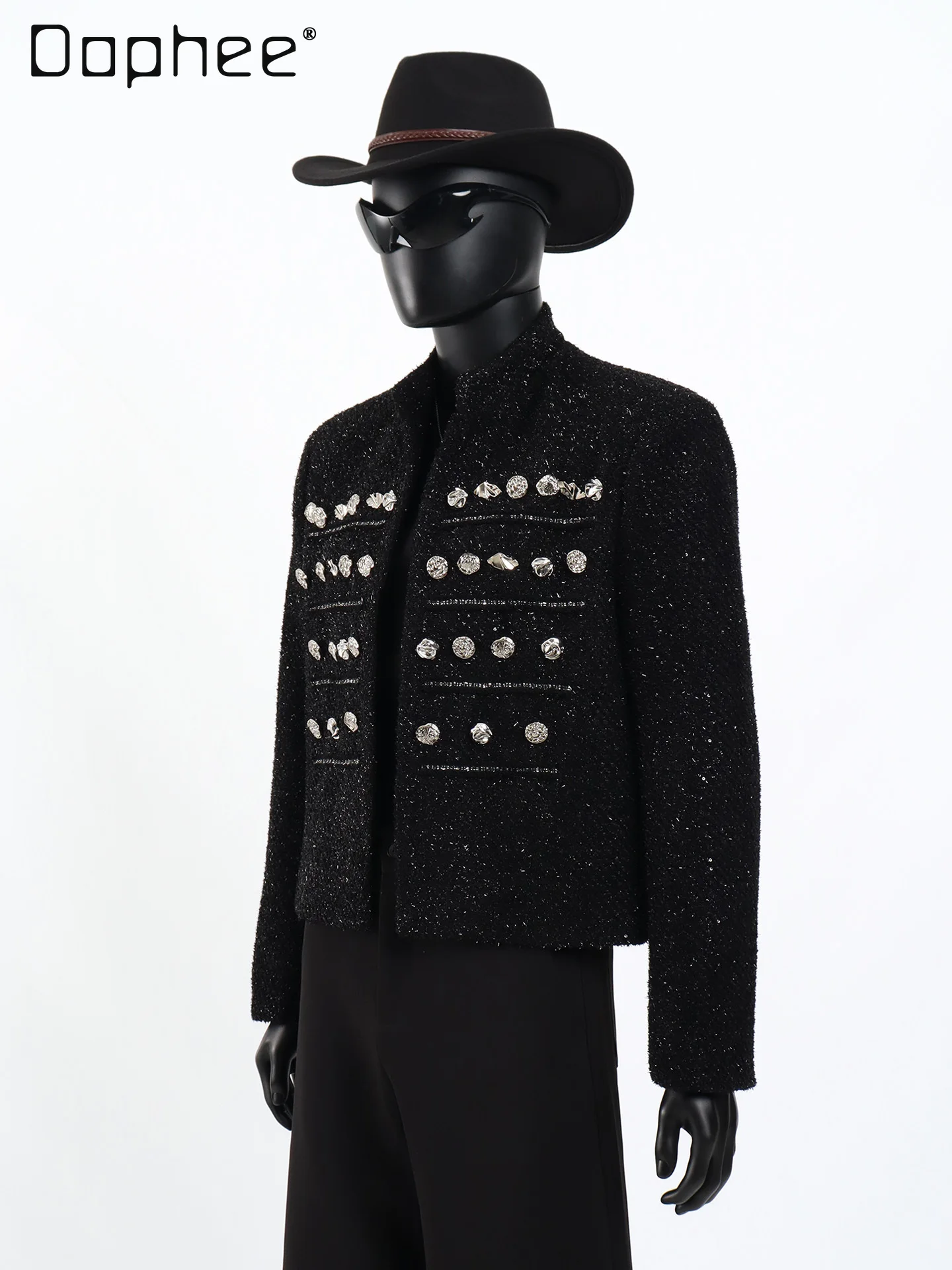 Deconstructed Design Oversized Woolen Jackets for Men Heavy Metal Beading Stylish Stand Collar Jacket Trendy Loose Short Jacket