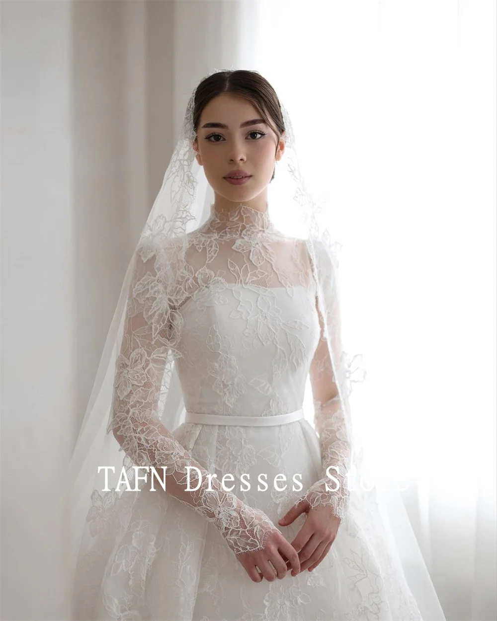 TAFN abiti da sposa modesti pizzo collo alto maniche lunghe cappella treno abito da sposa a-line vestidos de novia Custom Made