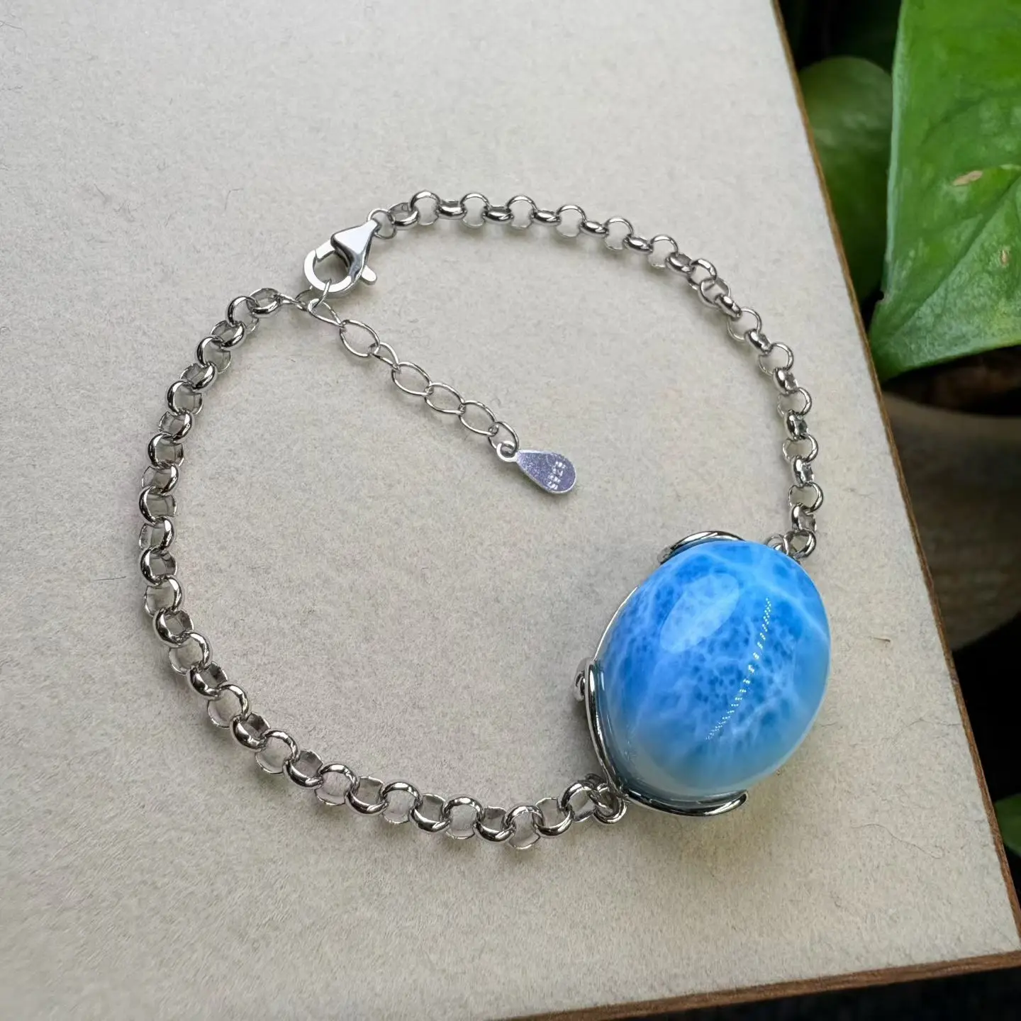 1Pc Fengbaowu Natural Dominican Republic Larimar Oval Cabochon Bracelet 20MM 925 Sterling Silver Reiki Healing Stone Gift