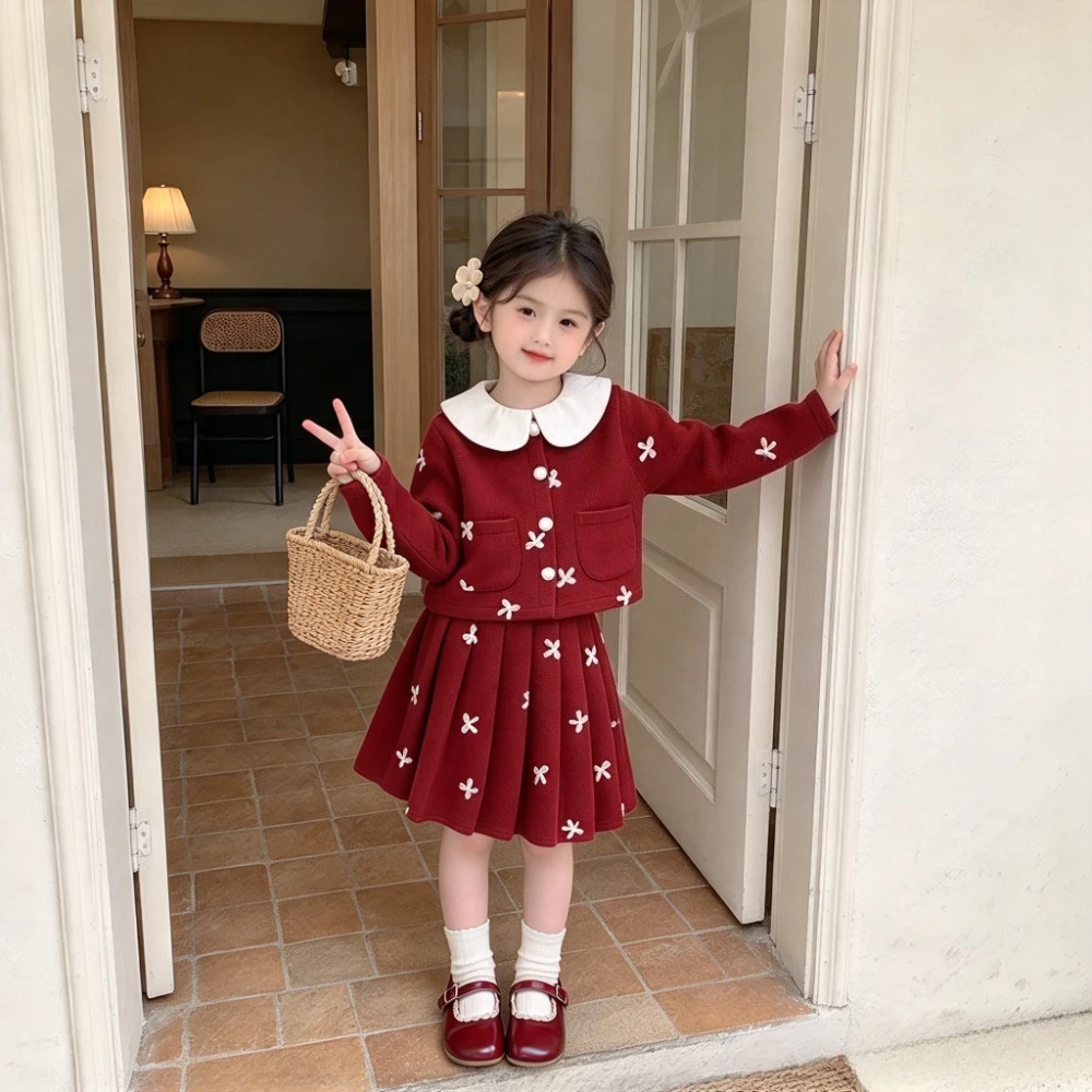 Red Bow Embroidery Toddler Girl Clothes Autumn Children's Clothing Long Sleeved Jacket + Vest Dress Sweet Princess Two-piece Set