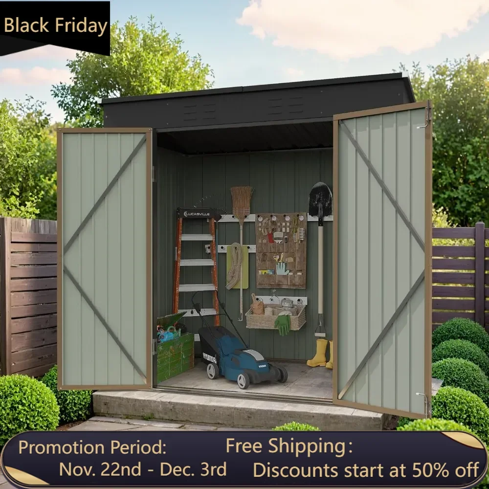 6 x 8 foot outdoor storage room, metal garden tool shed, terrace lawn backyard with sloping roof, free shipping