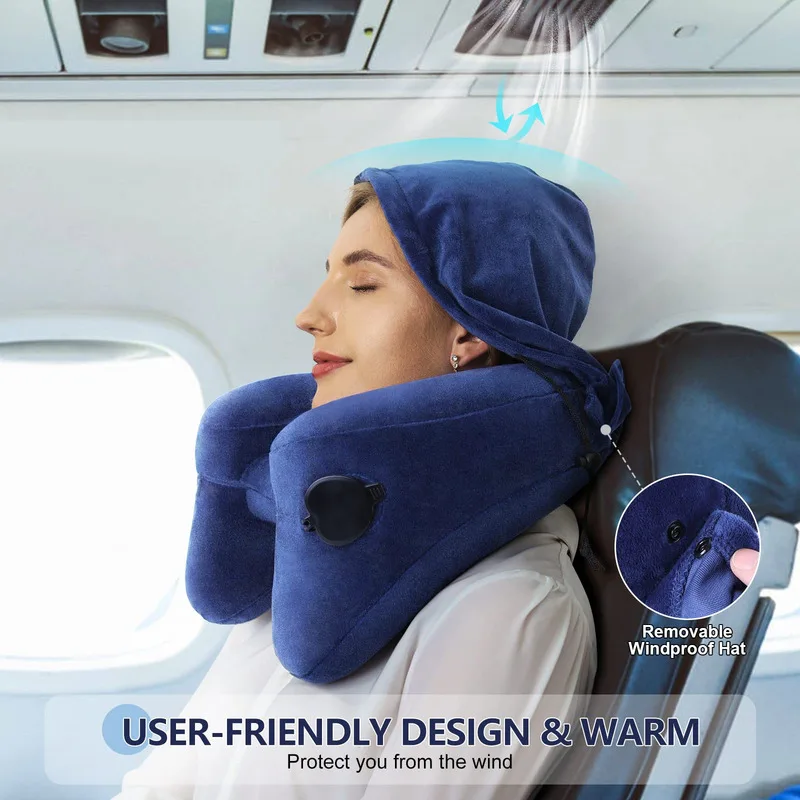 

Inflatable Neck Pillow Hooded H-shaped Soft Velour Cover Rest Cushion Nap Outdoor Travel Airplane Car Comfy Supports Head Chin