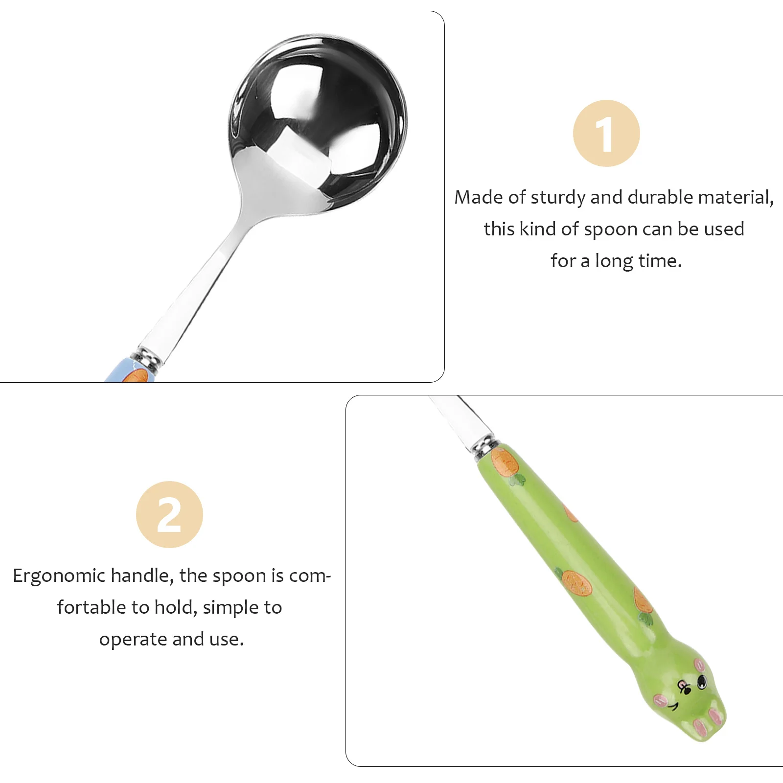 

4Pcs Unique Rabbit Design Spoons Stainless Steel Ceramic Handle Dessert Ice Cream Soup Scoop Round Smooth Ergonomic