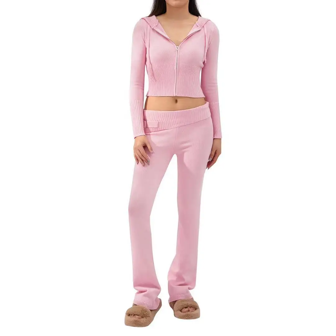 

Jaxmonoy Women's Spring Outfits Casual Zipper Sweater Hoodie Set High Waist Flare Pants Knit Suits Ladies Y2k Two Piece Set Fall