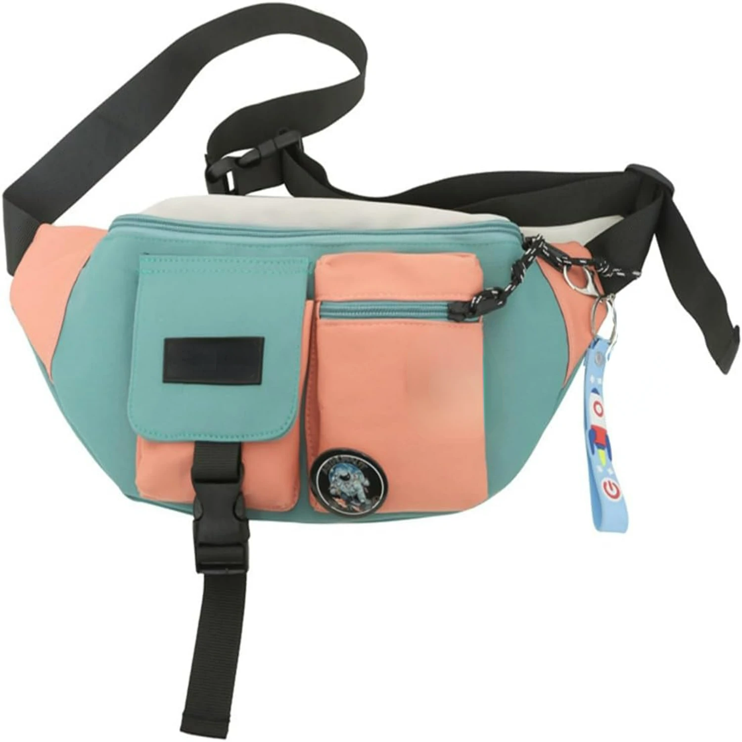 

Fashionable Green Patchwork Color Fanny Pack with Pendant and Badge - GLOOMALL Unique Crossbody Waist Bag