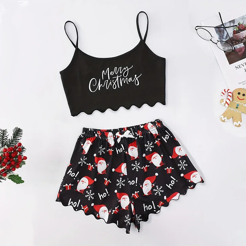 New Women\'s Christmas Pajama Set Thin Suspender Top with Santa Claus Printed Shorts Casual Homewear Suspender Shorts