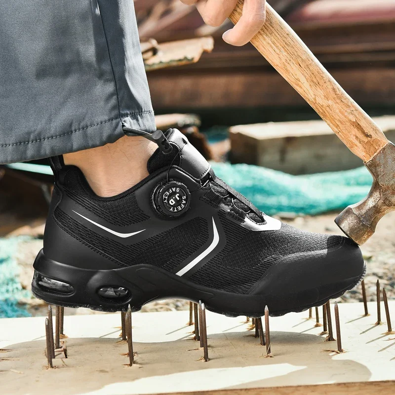 

High Quality Men's Work Boots with Rotary Button Anti-impact Anti-piercing Safety Shoes Air Cushion Fashion