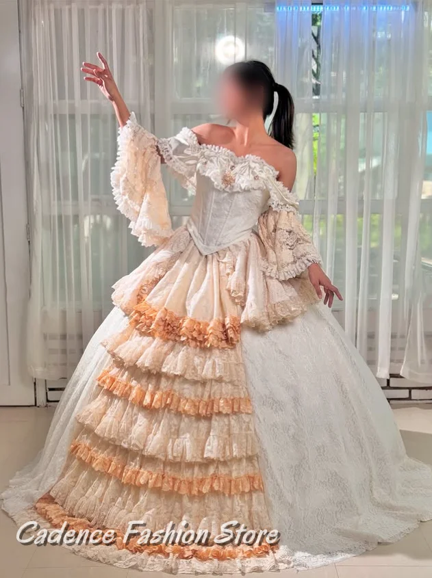 رائع الفيكتوري حمالة الكرة ثوب الروكوكو نمط الدانتيل إدراج مشد مشد الثقيلة ألف خط والأرضية الطبقات مساء اللباس مخصص