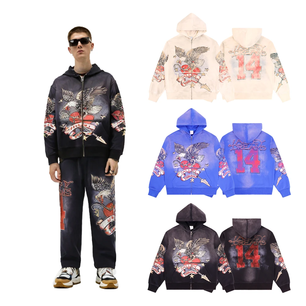 Y2k Graffiti Graphic Hoodies with Distressed Printed Casual Hiphop Street Style Cotton Streetwear Sweatshirt with Zipper for Man