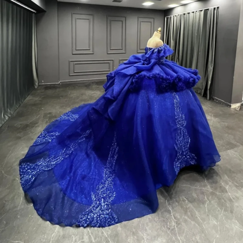 فساتين Quinceanera باللون الأزرق الملكي اللامع ثوب حفلة قبالة الكتف مزين بالخرز تول حفلة عيد ميلاد حلو 16 فستان Vestidos 15