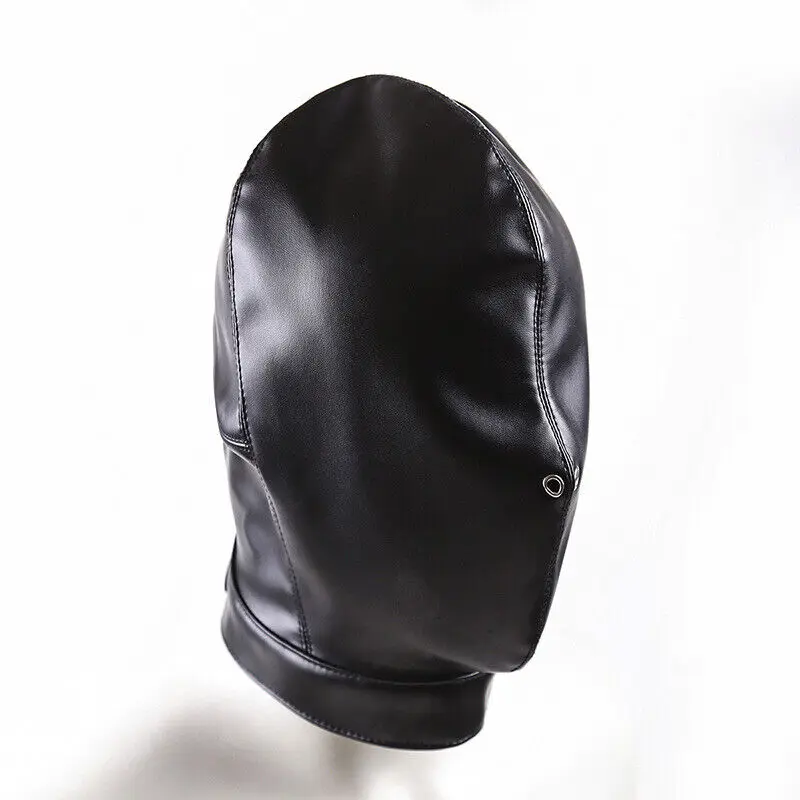 PU Leather BDSM Black PU Leather Hood Mask Full Head Face Cover Costume Restraint for Role Play Cosplay  Adult Toys Sexy Toys