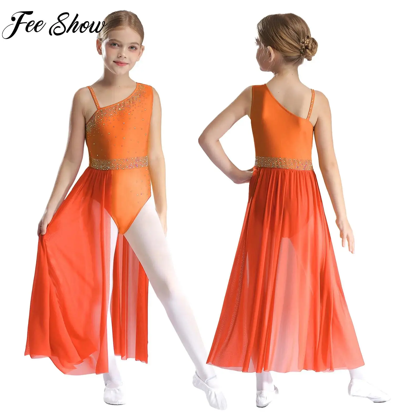 

Teen Girls Lyrical Modern Dance Dress Ballet Gymnastics Performance Dancewear Rhinestones Sleeveless Mesh Splice Skirted Leotard