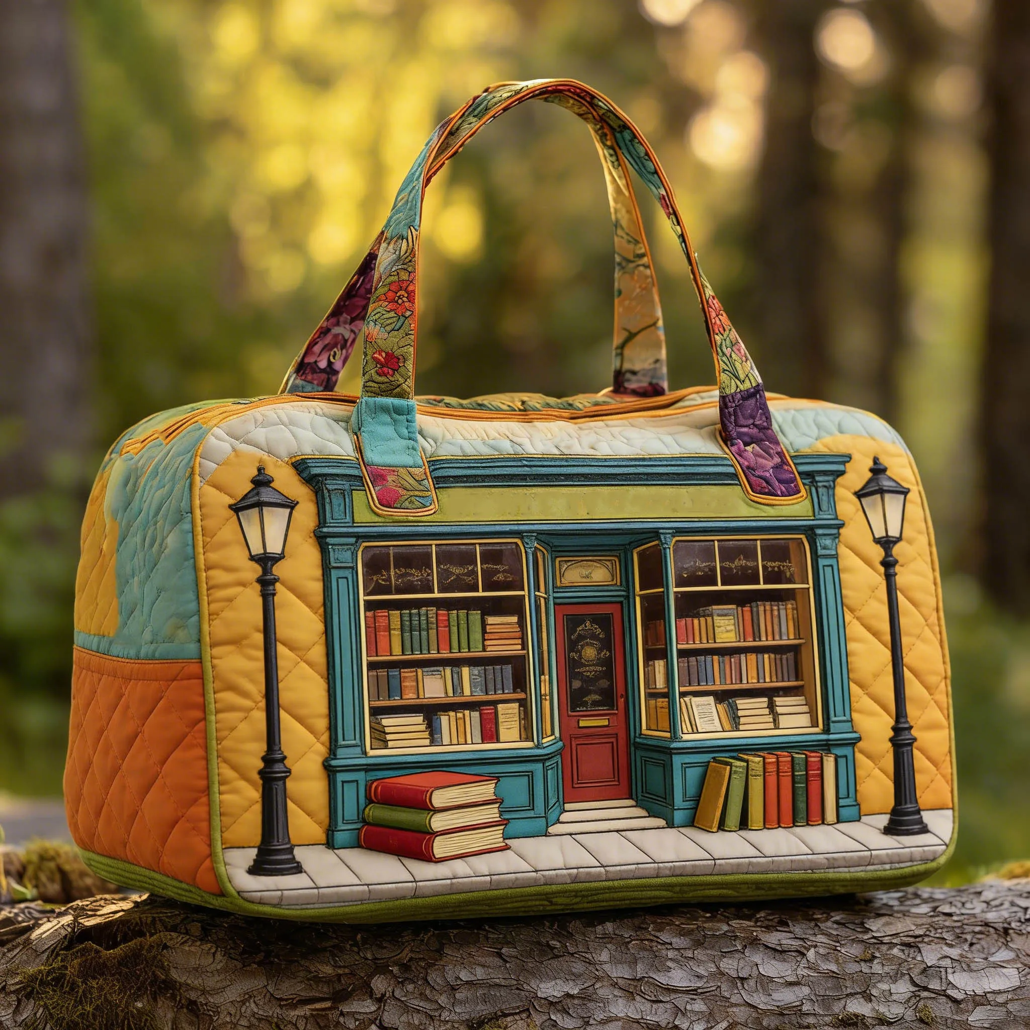 

Vintage Bookstore Street Scene Quilted Duffle Bag Literary Retro Weekender Travel Handbag for Women Men Daily Commute
