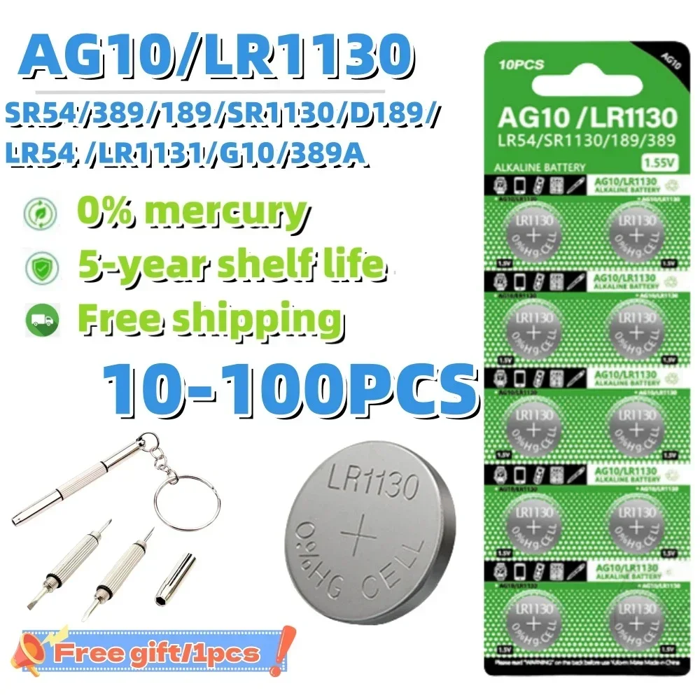 10PCS-100PCS 1.55V AG10 LR54 Button Batteries SR54 389 189 LR1130 SR1130 Round Cell Coin Alkaline Battery For Watch Toys Clock