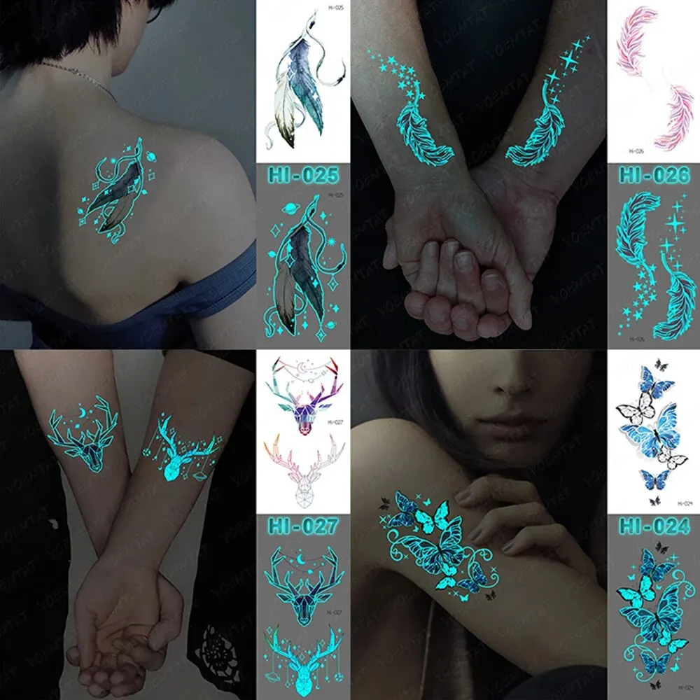 15pcs Blue Luminous Butterfly Waterproof Temporary Tattoo Sticker Wing Feather Deer Flower Ins Style Pattern Fake Tato Women Men