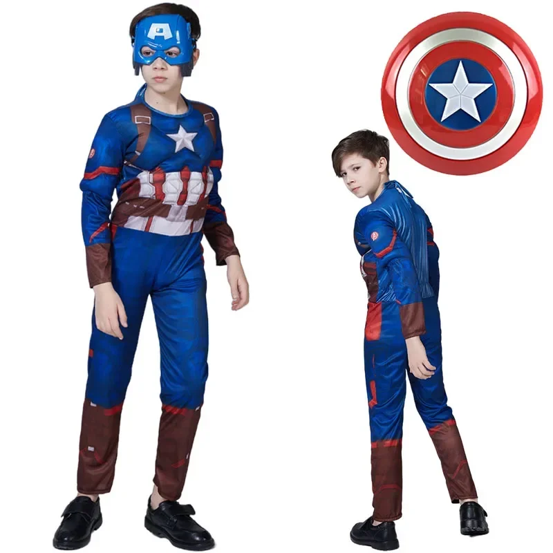 2025 New Kids Captain America Muscle Superhero Cosplay Jumpsuits Shield Mask Boys Suit Halloween Costume for abc