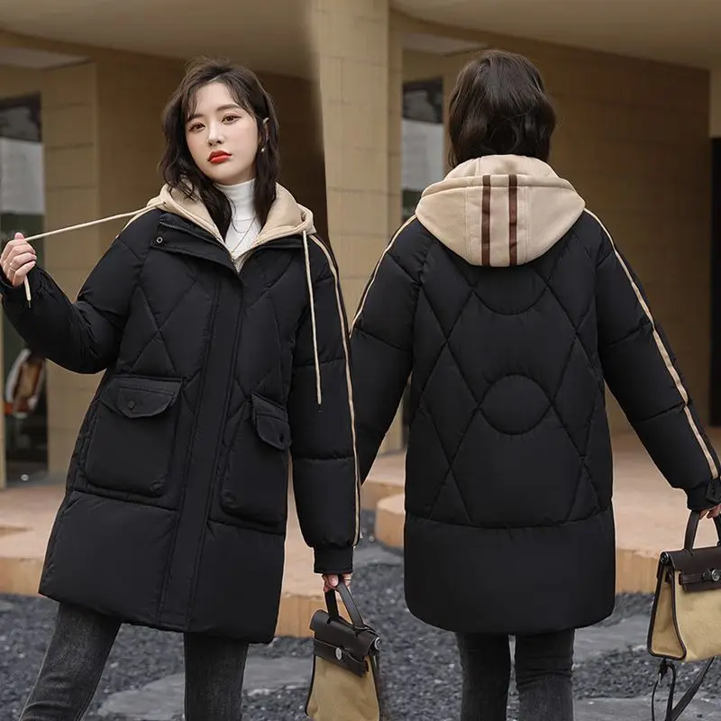 Roupas femininas falso bloco de cor de duas peças inverno grosso plus size para baixo jaqueta de algodão de comprimento médio casaco de algodão quente outerwear