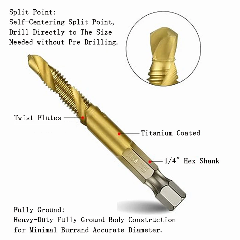 6Pcs Tap Titanium Coated Drill and Tap Set Metric Thread HSS M3-M10 Screw Tapping bit Tool 1/4 Hex Shank Hand Tools