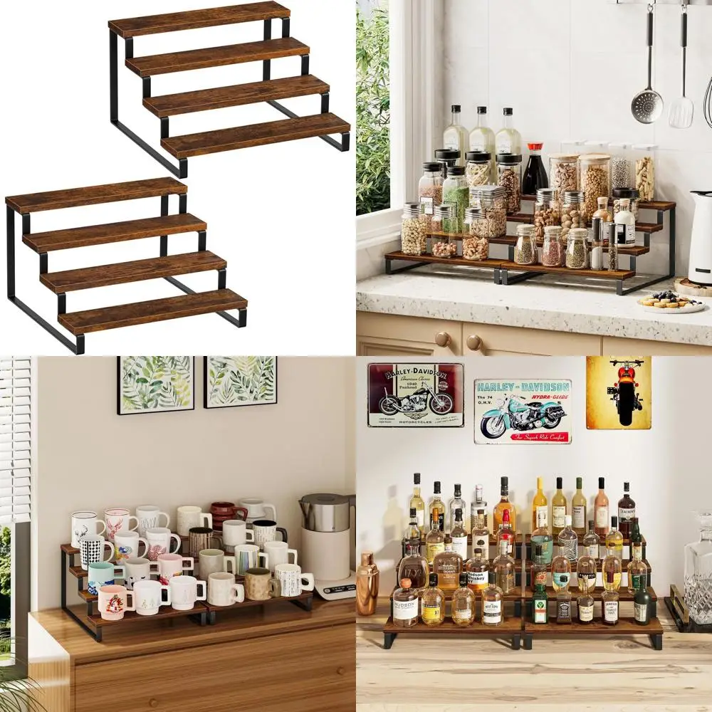 

Dual Wooden Spice Racks for Kitchen Countertop, Rustic Brown, Display Stand Holders for Cupcakes and Spices