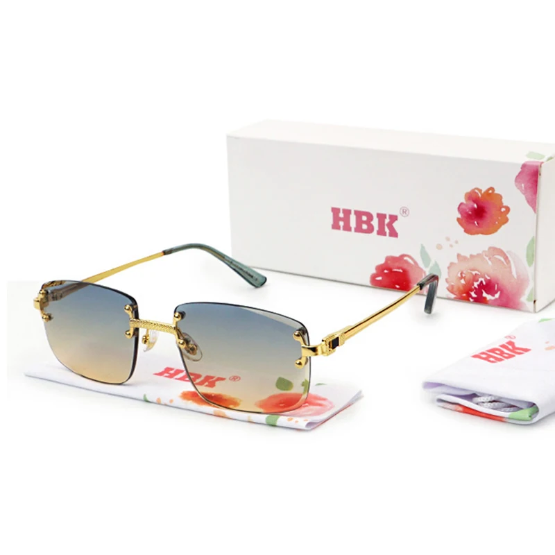 HBK Square Rimless Sunglasses Women Retro Metal Sun Glasses Men Luxury Party Business Gradient Shades 2024 Summer Style