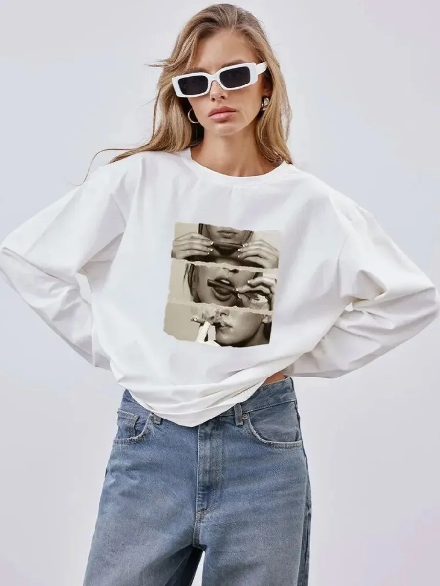 

Новая женская футболка оверсайз с длинным рукавом и принтом, свободного кроя, средней длины, для повседневной носки, коллекция Лето 2026