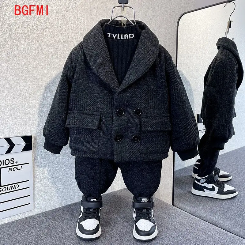 Korean Double-breasted Blazer Sets Plush Wears for Kids Boys Warm Winter Clothes Children\'s Top and Bottom Set Two-piece Suit